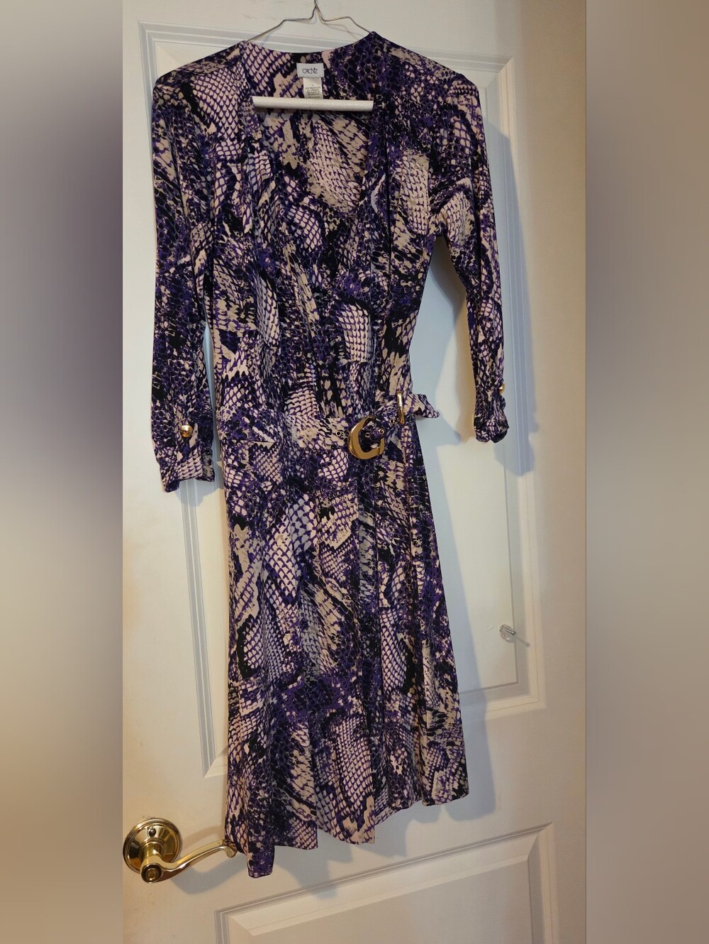 Cache Purple Snake-Print Long Sleeve Wrap Dress with Gold Buckle